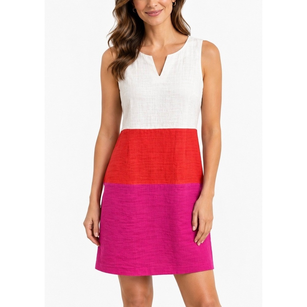 Talbots Shift Dress Women 10 Pink Red White Excellent Colorblock Textured Cotton